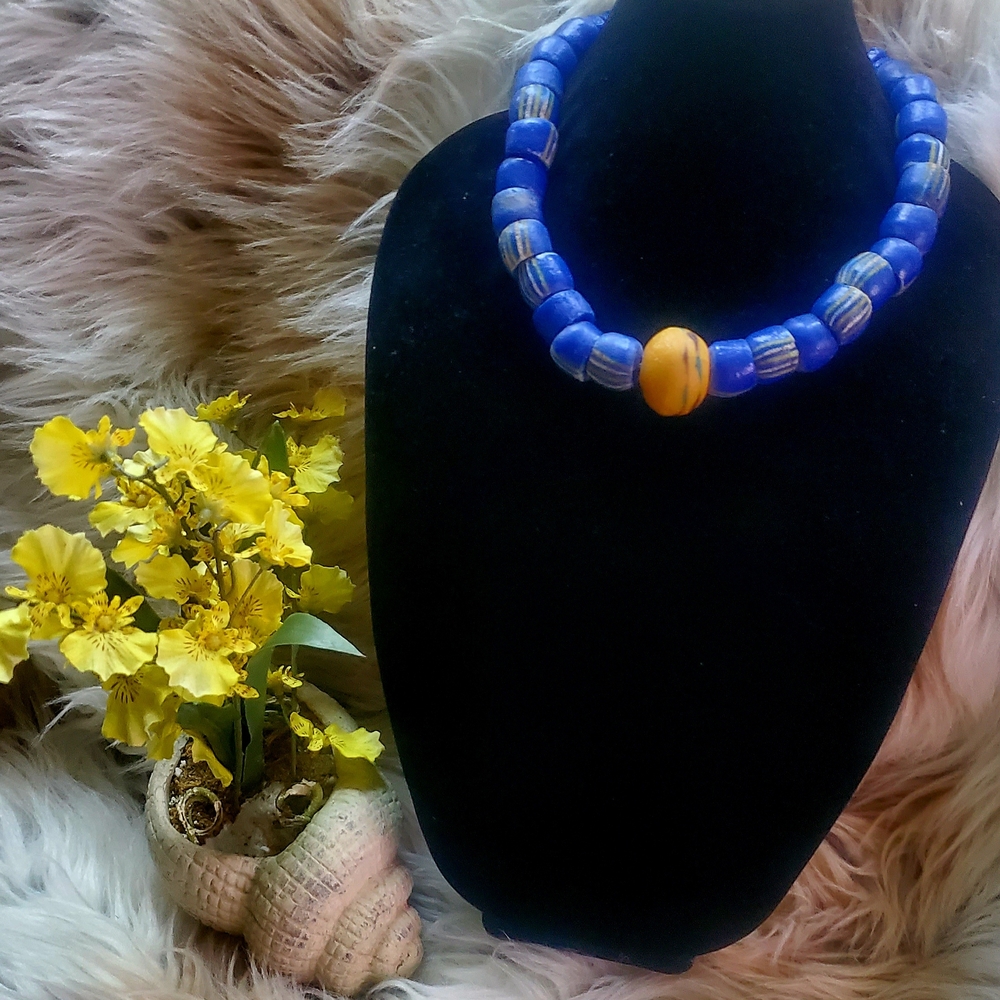 Vibrant Blue and Gold Beaded Necklace